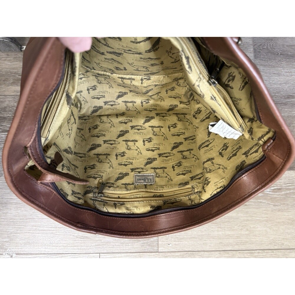 Vtg L.L. Bean Town & Field Wildlife Lining Leather Brown Tote Bag Shopper Travel - Picture 14 of 16